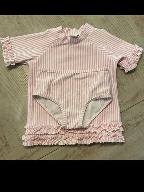 Ruffle Butts Pink and White Seersucker Striped Two-Piece with Ruffle Trim